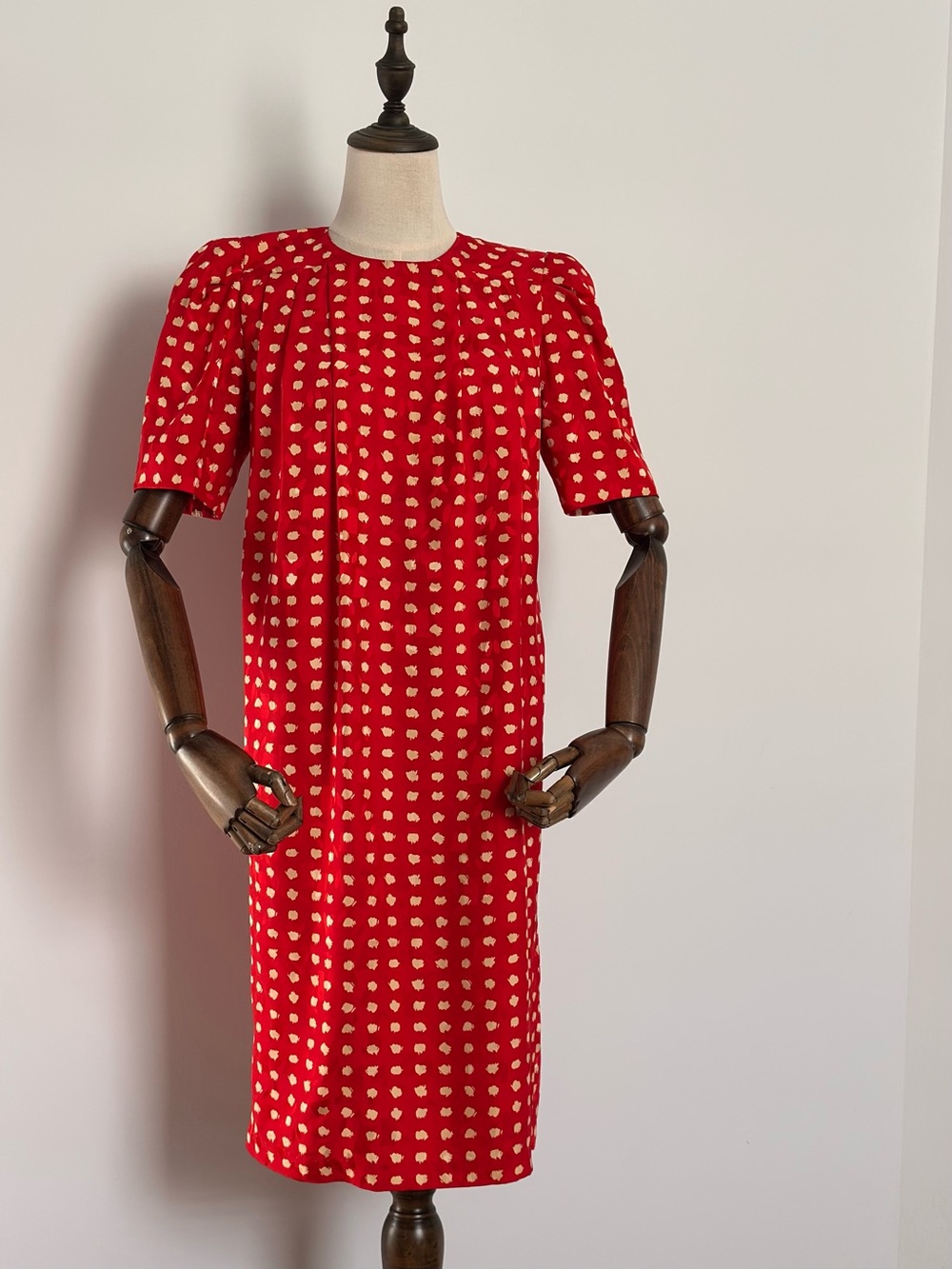 Red Silk Shift Dress Minimalist Abstract Print Short Sleeve Midi Dress